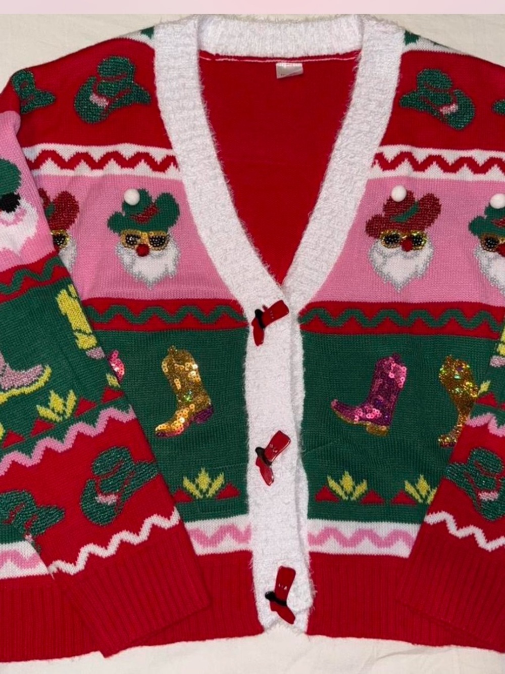 Holiday time red Christmas cardigan sweater cowboy boots country western cowgirl - Picture 12 of 12